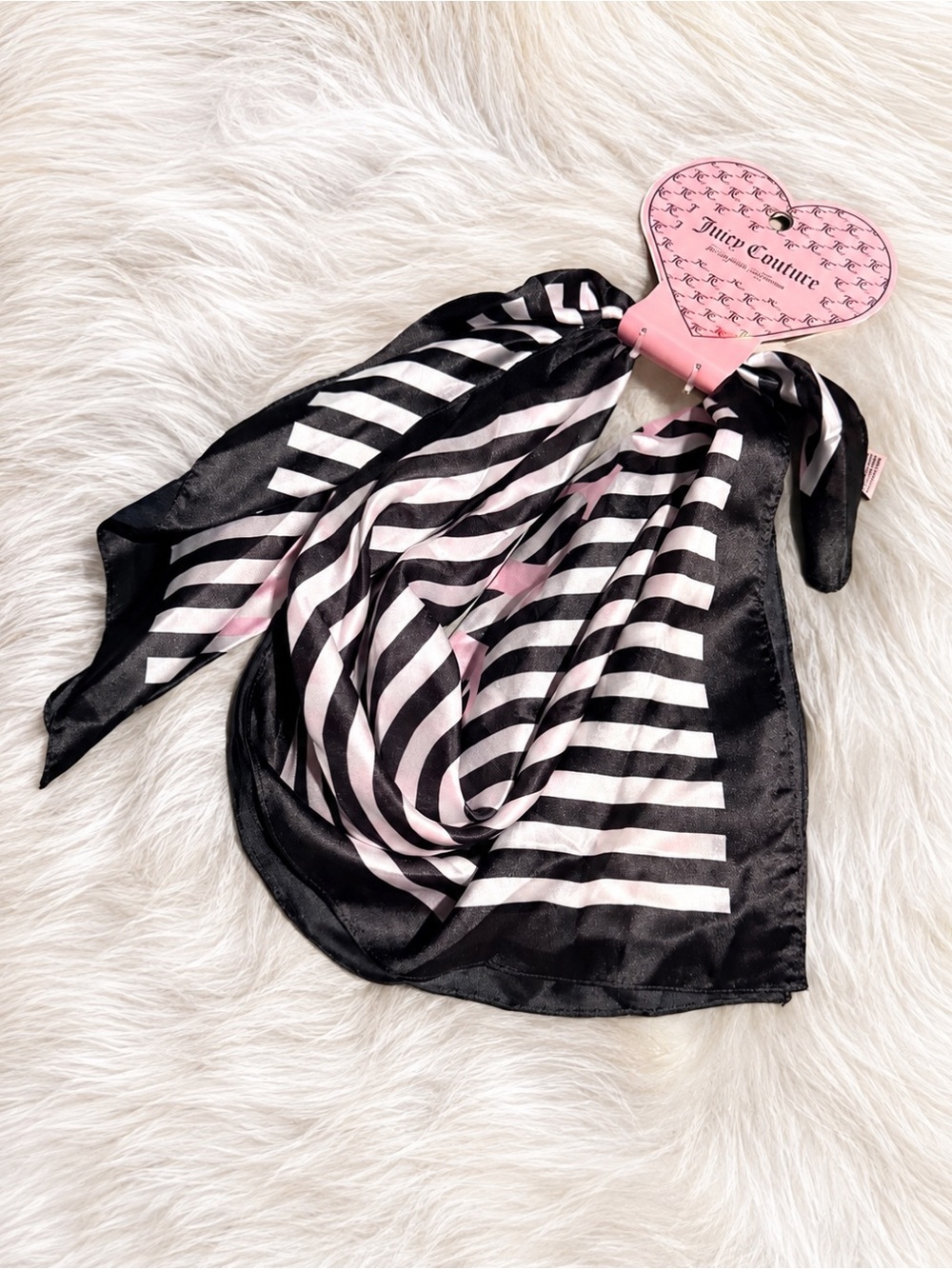 Juicy Couture Black and Light Pink Striped Silk-Style Scarf